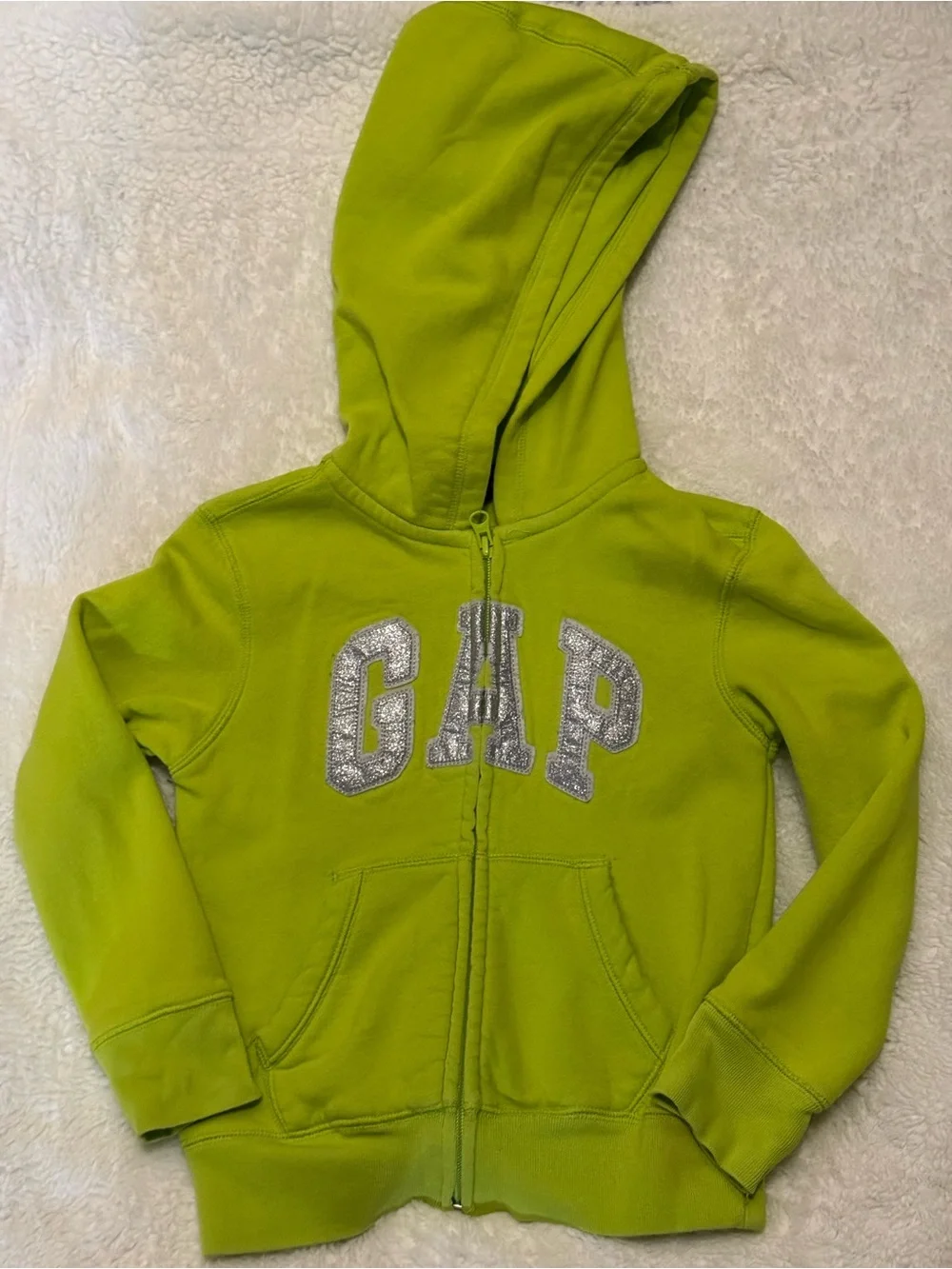 GAP Lime Green Kids Hooded Zip Sweatshirt with Silver Glitter Logo